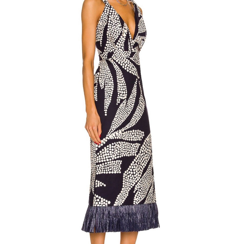 Johanna Ortiz Navy and White Printed Sleeveless Midi Dress with Fringe Hem